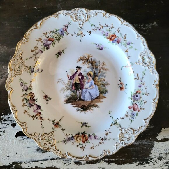 Antique Meissen Plate Courting Couple Romantic Scene Floral Design 8.75" - Picture 2 of 8